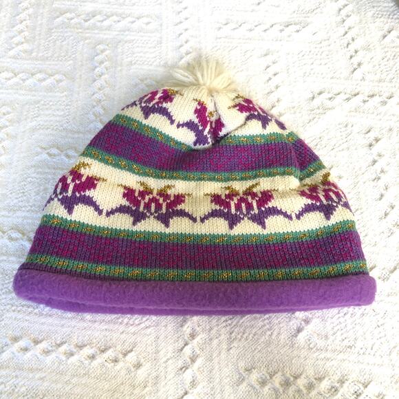 VTG 90s Y2K Turtle Fur Knit Pom Beanie Purple Fair-Isle Wool Blend OS USA Ski - Picture 1 of 10